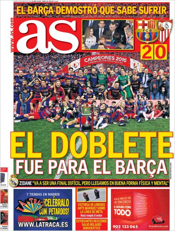 "El doblete fue para el Barça", titula As, que apunta que "el Barça sabe sufrir", tras su victoria en la prórroga contra el Sevilla en la final de Copa.