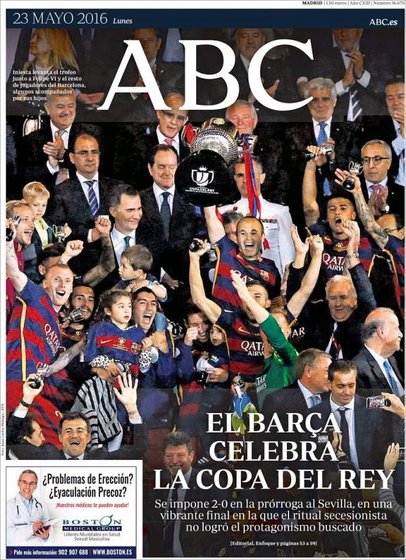 El diario ABC titula "El Barça celebra la Copa del Rey" en su portada, que ocupa por completo la foto de Iniesta levantando el título.