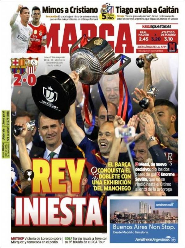 El diario Marca destaca el gran partido de Andrés Iniesta, al que le dedica foto y titular: "Rey Iniesta".
