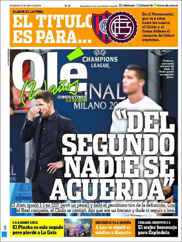 El periódico argentino Olé se ha quedado con unas palabras de su compatriota Simeone: "Del segundo nadie se acuerda", para ilustrar la información sobre la final de Champions.