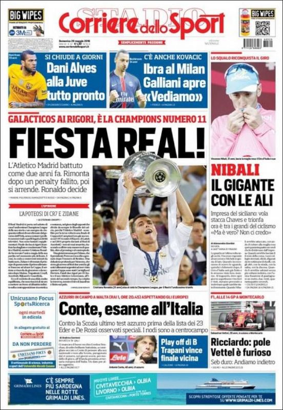 El diario italiano Corriere dello Sport titula "Fiesta Real" y apunta que "Ronaldo decide" la final al marcar el penalti definitivo.