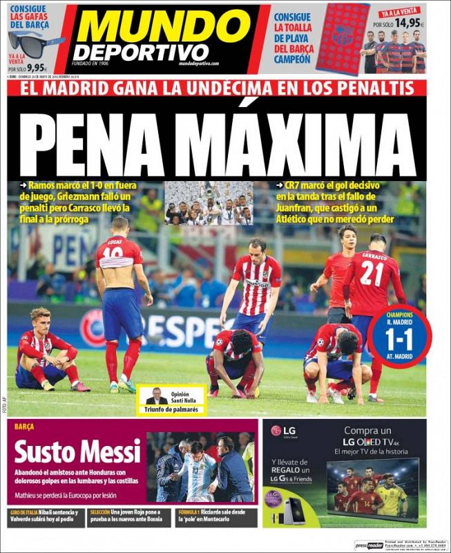 El diario deportivo catalán Mundo deportivo da su imagen de portada a la desilusión de los jugadores del Atlético sobre el césped de San Siro y titula "Pena máxima".