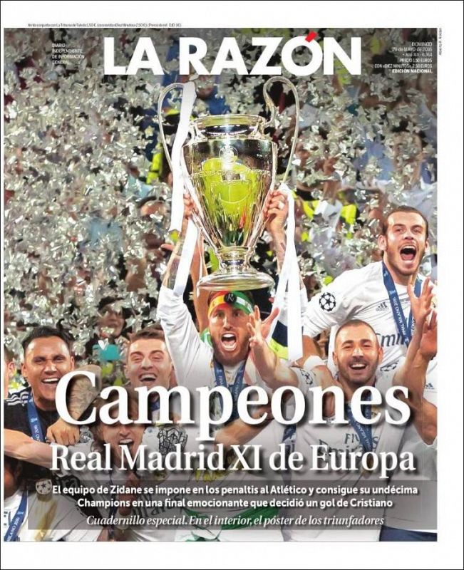 "Real Madrid XI de Europa" titula La Razón, bajo un "Campeones" en grande, con Ramos levantando la 'Orejona' en San Siro.