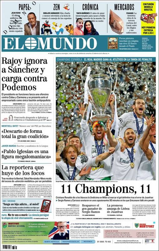 El diario generalista El Mundo ha destacado el número de Champions que lleva ya el Madrid en su historia con su titular "11 Champions, 11".