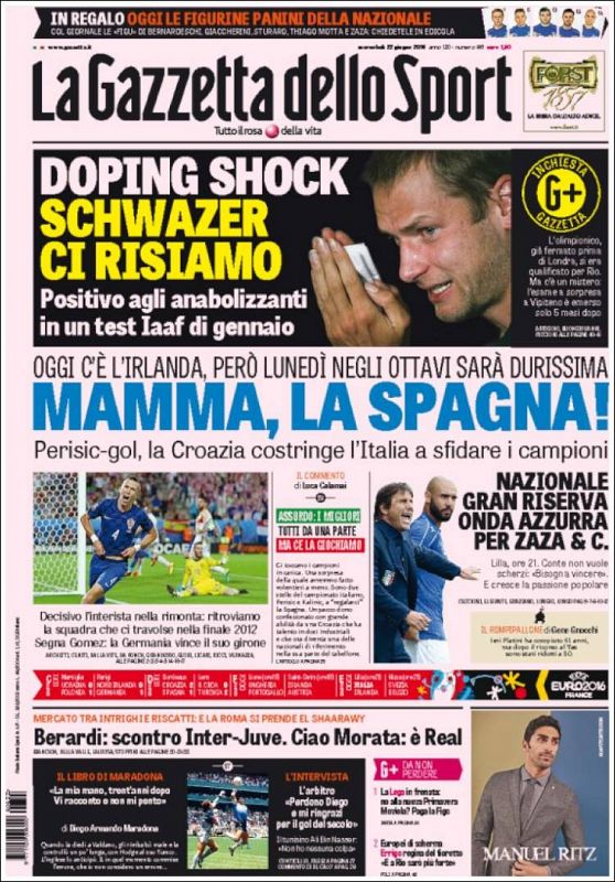 Y desde Italia, la sorpresa es similar: "Mamma, la Spagna!" titula Gazzetta dello Sport, que avisa que los octavos para Italia serán "durísimos" contra la "campeona".