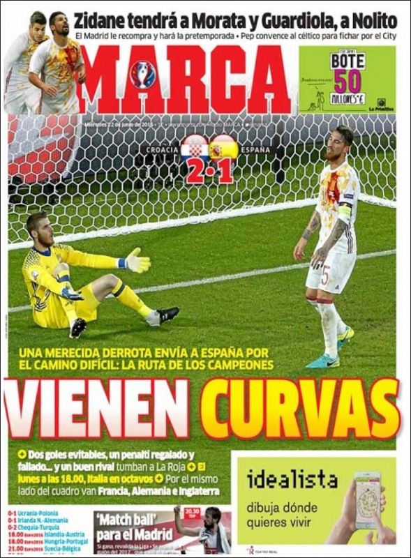 El diario deportivo Marca destaca la dificultad a la que se enfrenta España tras su derrota contra Croacia, que la manda a la parte difícil del cuadro.