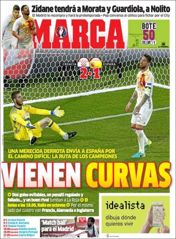 El diario deportivo Marca destaca la dificultad a la que se enfrenta España tras su derrota contra Croacia, que la manda a la parte difícil del cuadro.