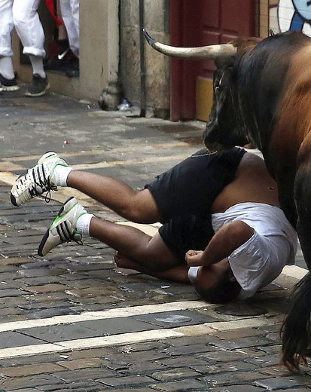 Un toro de la ganadería de Cebada Gago embiste a un mozo a su paso por la curva de Mercaderes en el segundo encierro de San Fermín 2016 uno de los más largos de los últimos años con 5 minutos y 46 segundos de duración