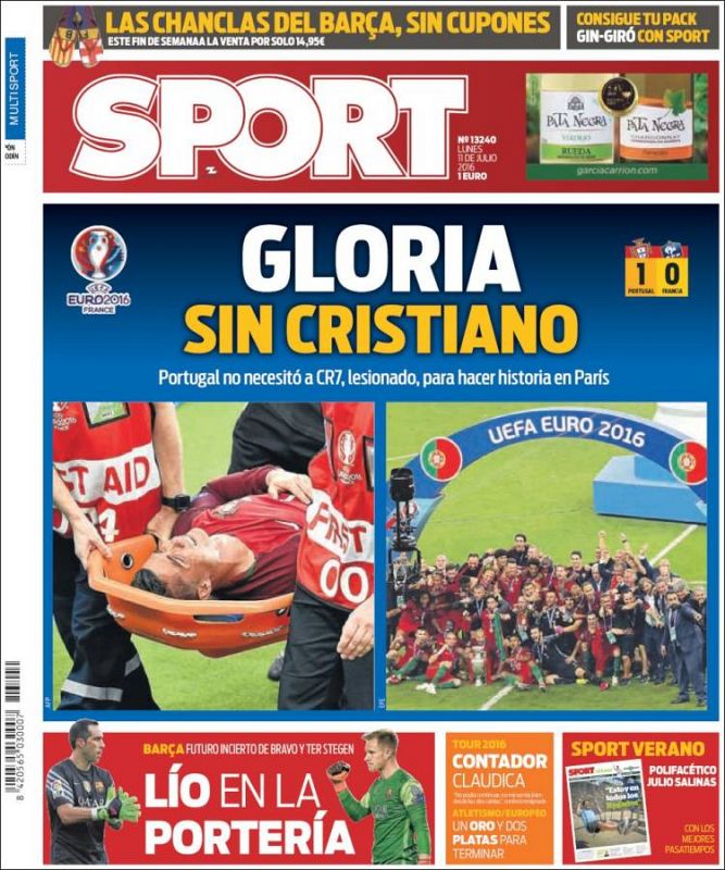 "Gloria sin Cristiano" es el titular elegido por el diario catalán Sport, que destaca que Portugal "hizo historia" sin su gran estrella.