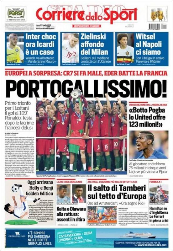 El Corriere dello Sport titula "Portogallisimo", un juego de palabras para ilustrar la victoria de Portugal en Francia.