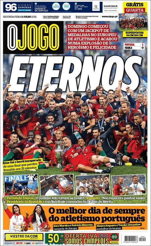 El diario portugués O jogo titula "Eternos" para enmarcar la histórica primera Eurocopa de Portugal.