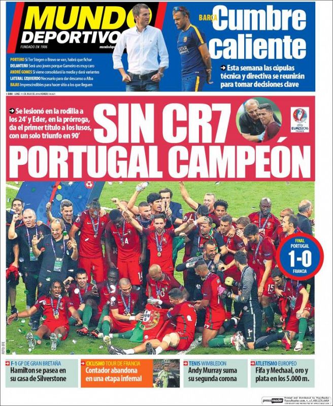 Mundo deportivo destaca que Portugal fue campeón sin Cristiano Ronaldo, que se lesionó al comienzo del partido.