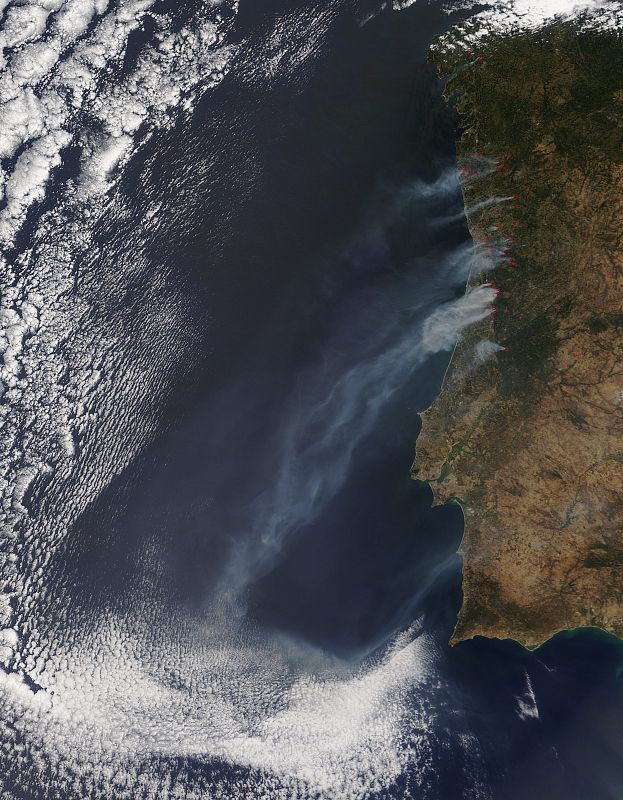 Vista desde un satélite del humo generado por los incendios en la isla de Madeira