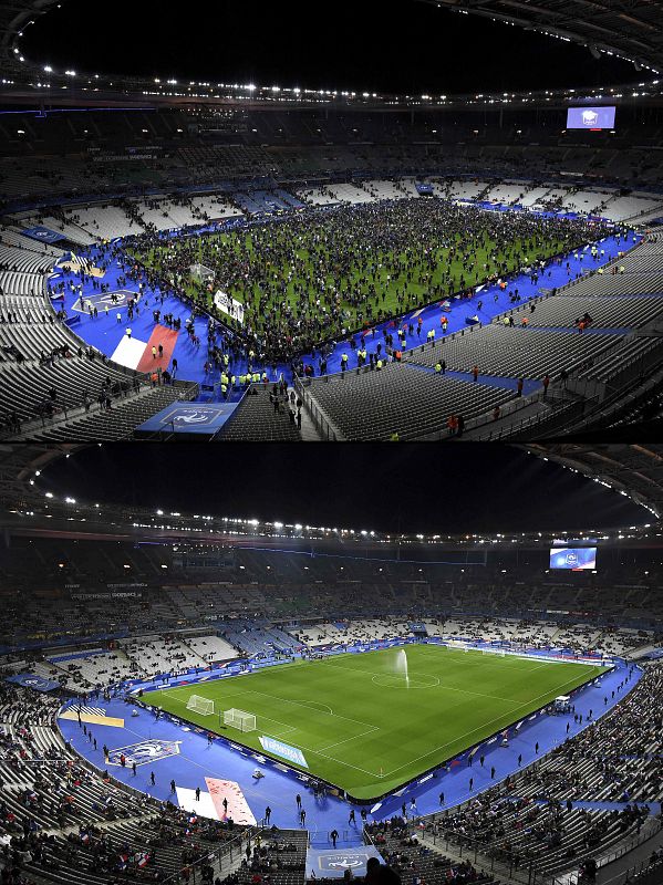 Estadio de Francia el día del atentado (arriba) y su estado un año después