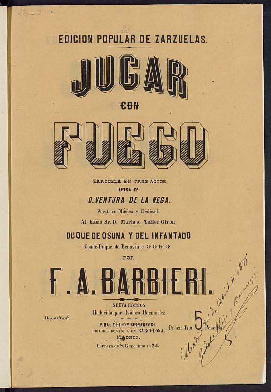 Portada de una edición de 'Jugar con fuego' de 1875