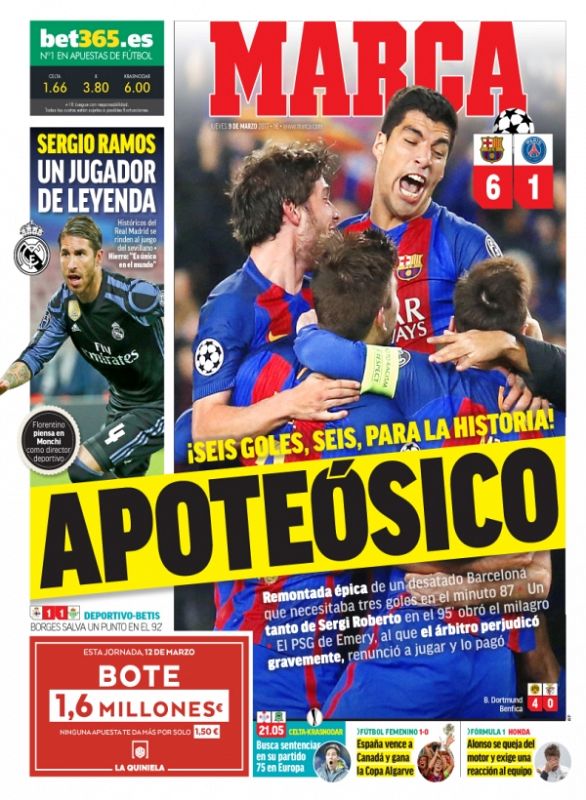 "Apoteósico" es el titular del deportivo madrileño Marca, que apunta que "el árbitro perjudicó gravemente" al PSG.