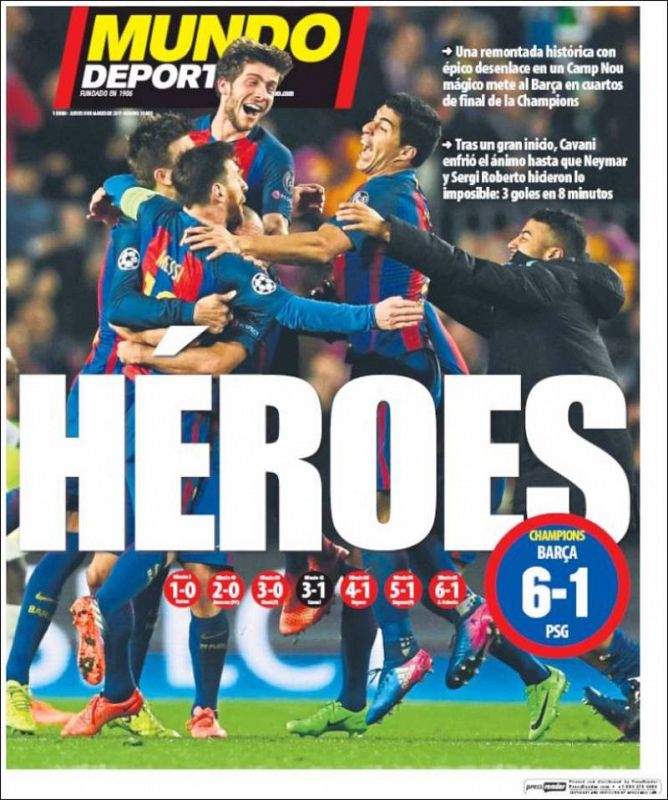 En una portada similar, Mundo Deportivo tilda de "Héroes" a los jugadores del Barça, que han firmado la mayor remontada de la historia de la Champions.