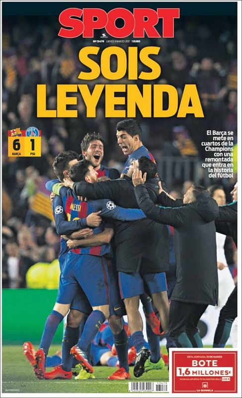 'Sois leyenda', titula el diario deportivo Sport, con una foto de la celebración azulgrana en el césped del Camp Nou a toda página.