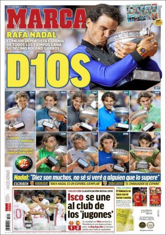 Al igual que otros medios, el deportivo Marca califica a Nadal de "Dios" incluyendo en la palabra el número 10.