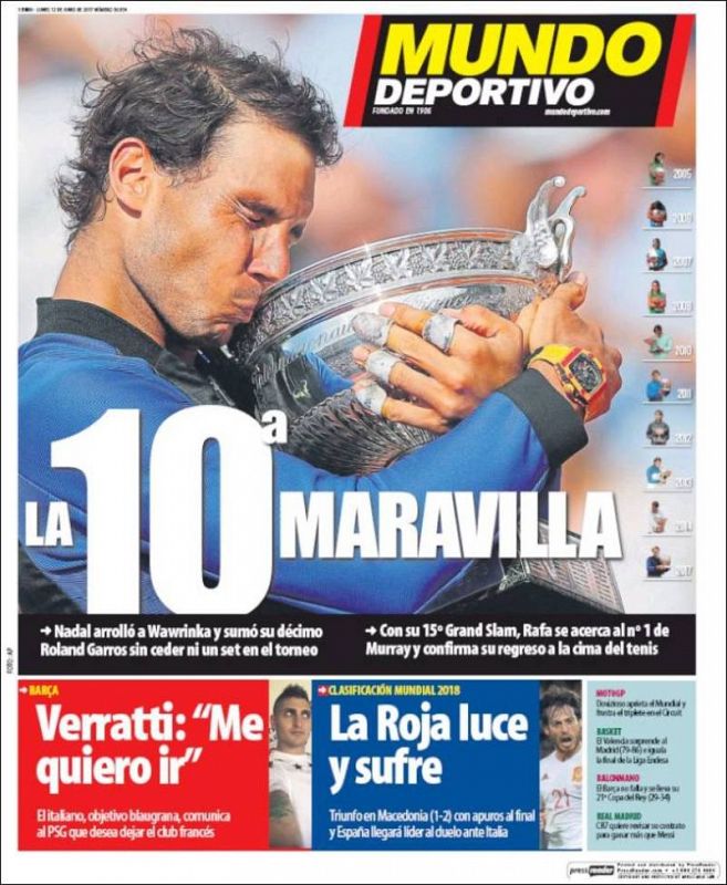 Mundo Deportivo abre con Nadal besando la Copa de los mosqueteros y el titular "La 10ª maravilla".