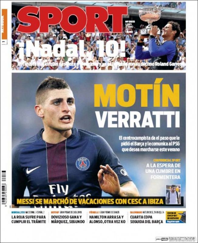 El diario deportivo catalán Sport abre con el interés del Barça por Verrati y dedica su parte superior al triunfo de Nadal con el titular "Nadal 10".