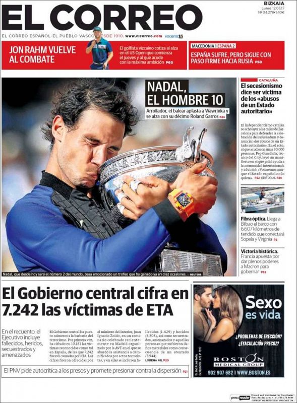 El Correo titula "El hombre 10", apuntando el "arrollador" partido que Nadal firmó para derrotar a Wawrinka en la final de París.