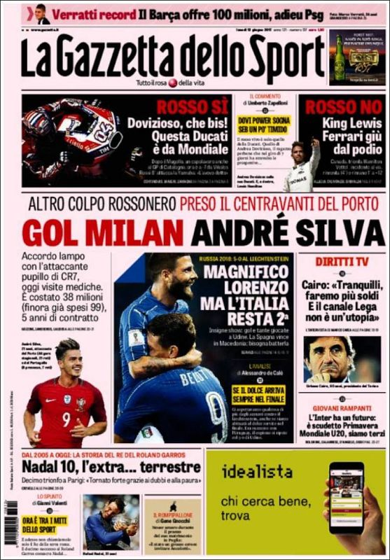 En Italia Nadal no abre portadas pero sí aparece como noticia destacada. La Gazzetta califica al mallorquín de "extraterrestre".