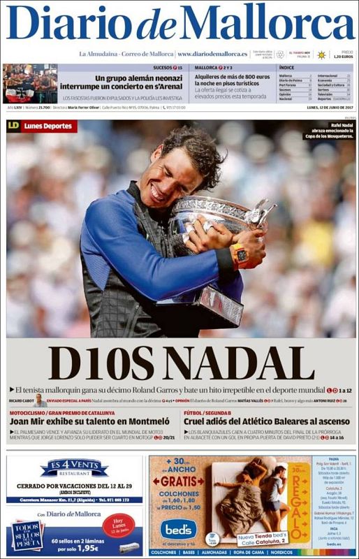 El periódico de la tierra natal de Rafa Nadal califica a su héroe como "Dios", también incluyendo en la palabra el 10 por su éxito en París.
