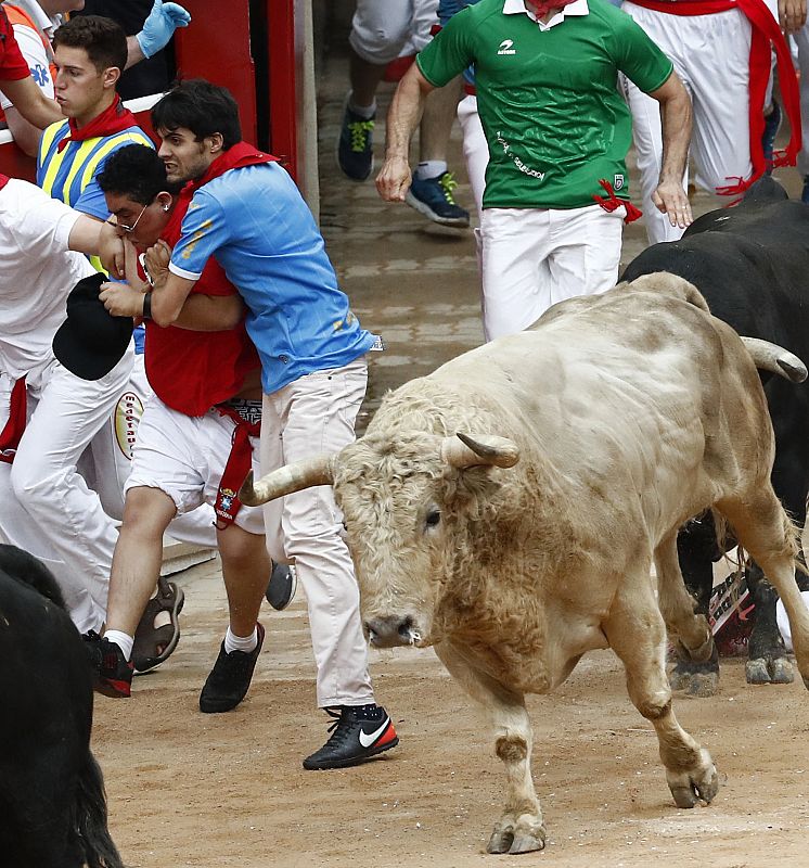 El toro jabonero llega a la plaza de toros Tres toros negros se han puesto en cabeza de la manada al inicio del quinto encierro de Sanfermines 2017 El jabonero les ha alcanzado en la calle Estafeta y ha llegado con ellos a la plaza