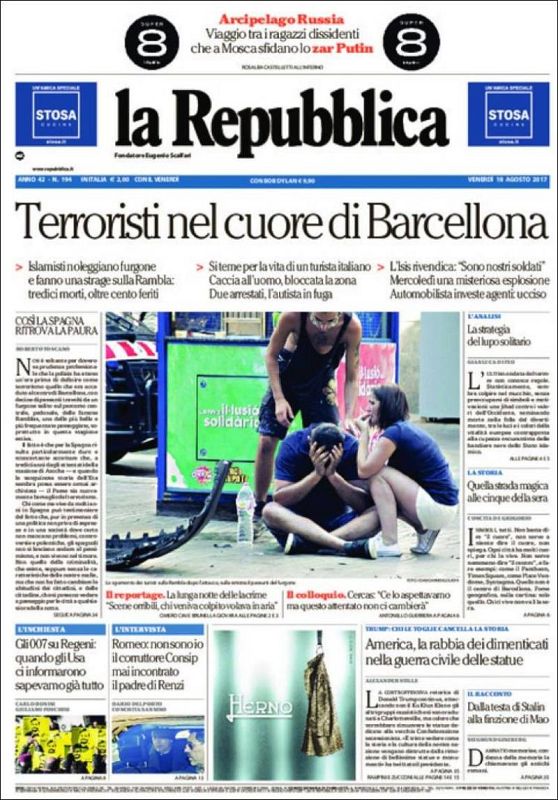 Desde Italia, el periódico 'La Repubblica' titula "Terroristas en el corazón de Barcelona".