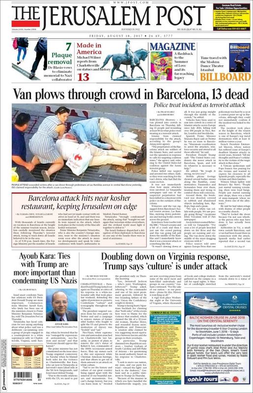 El periódico israelí 'The Jerusalem Post' destaca que hay 13 muertos en Barcelona y que el ataque se ha producido cerca de un restaurante de comida 'khoser'.