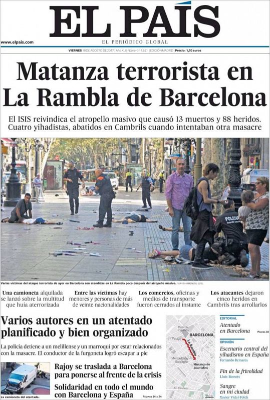 El País abre su portada con "Matanza terrorista en la Rambla de Barcelona" y recalca que el ISIS ha revindicado el ataque.