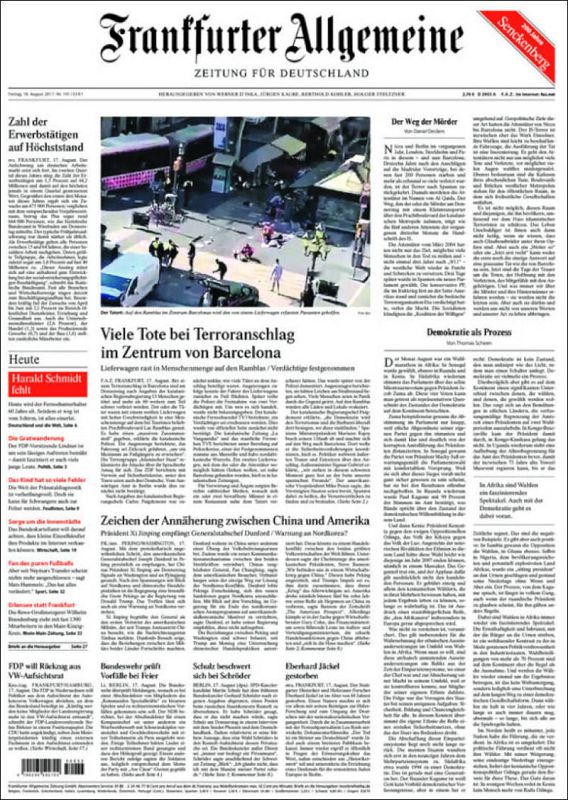 El periódico alemán 'Frankfurter Allgemeine Zeitung' titula "Muchos muertos en atentado terrorista en el centro de Barcelona".