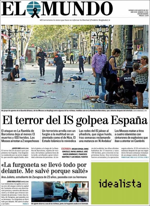 El periódico 'El Mundo' abre con una impactante imagen de cuerpos tendidos sobre la Rambla y el título "El terror del IS golpea España".