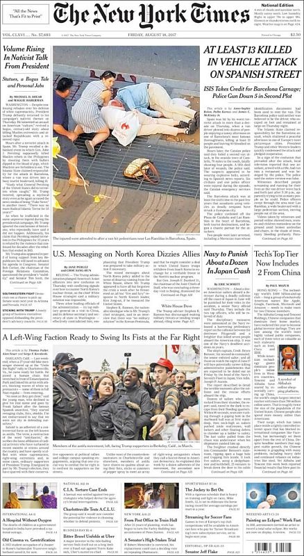 El periódico estadounidense 'The New York Times' lleva en su portada una foto de gran tamaño sobre el ataque de Las Ramblas