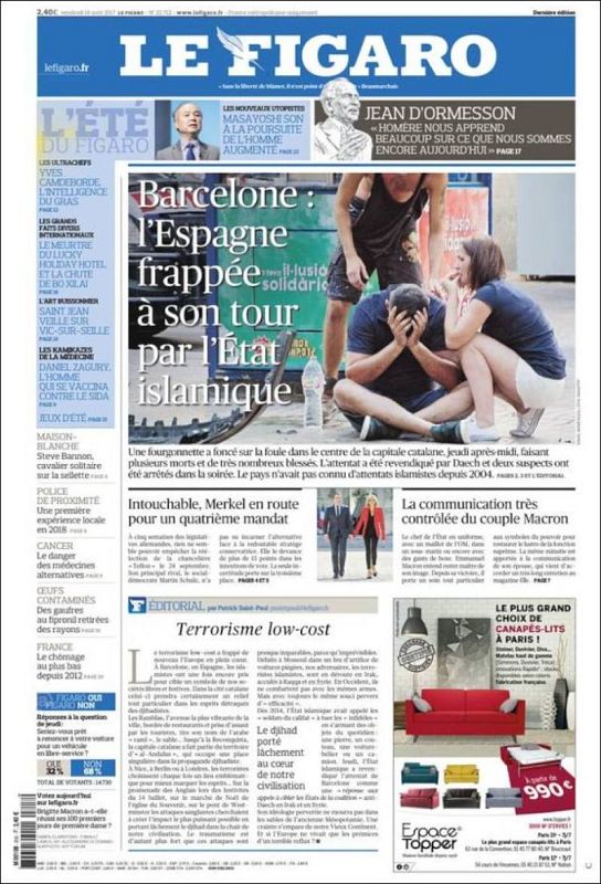El diario francés 'Le Figaro' abre con una imagen de algunos de los afectados por el atentado en la Rambla y titula: "España golpeada por el Estado islámico"