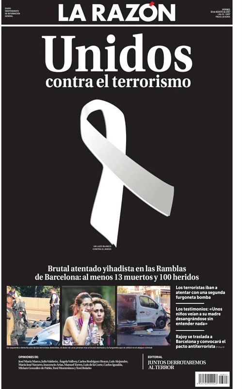 "La Razón" tiñe su portada de negro y la titula "Unidos contra el terrorismo".