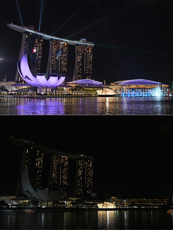 Una combinación de imágenes del hotel Marina Bay Sands en Singapur, antes y después del apagado de luces