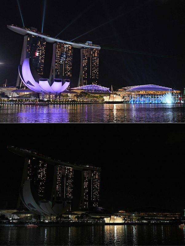 Una combinación de imágenes del hotel Marina Bay Sands en Singapur, antes y después del apagado de luces