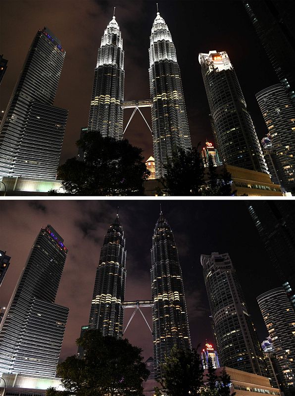 Una combinación de imágenes de las Torres Petronas en Kuala Lumpur, antes y después del apagado de luces