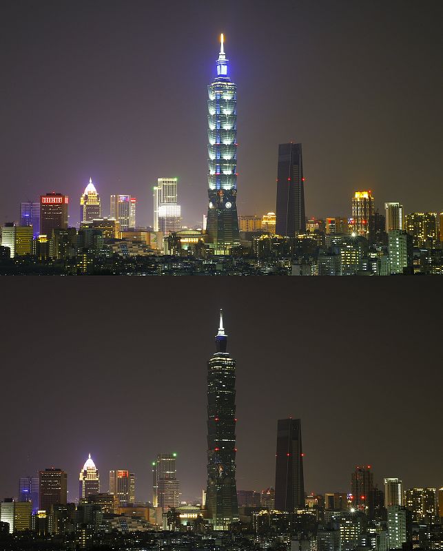 Una combinación de imágenes del 'skyline' de Taipéi, antes y después del apagado de luces