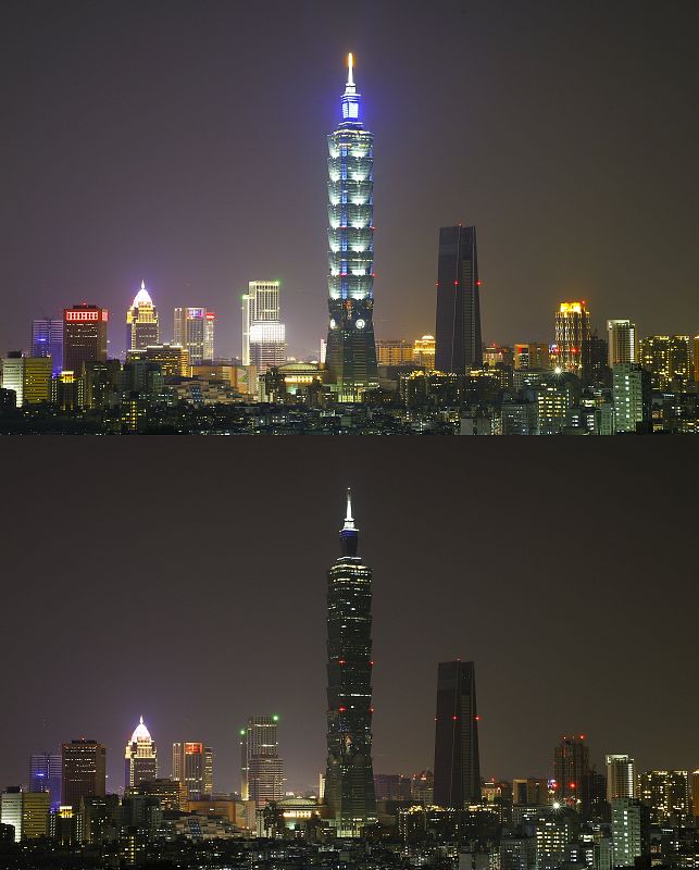 Una combinación de imágenes del 'skyline' de Taipéi, antes y después del apagado de luces
