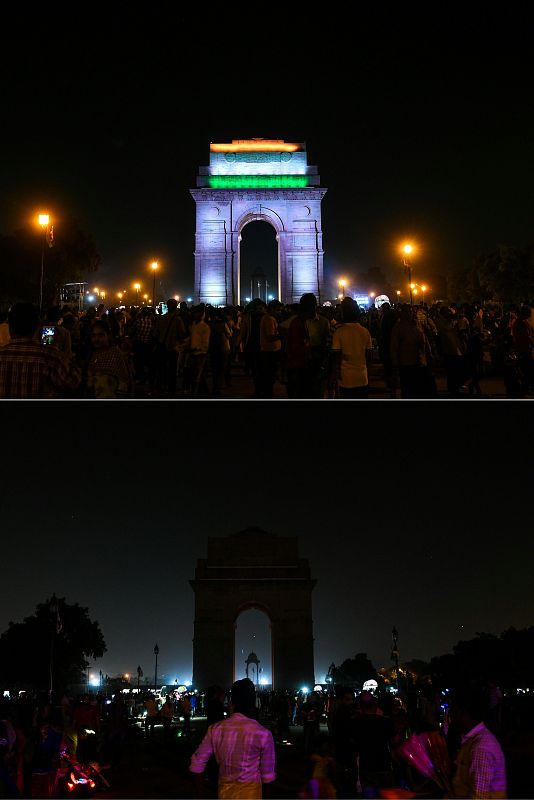 Combinación de imágenes de la Puerta de la India, en Nueva Delhi, antes y después del apagado de luces con motivo de la Hora del Planeta
