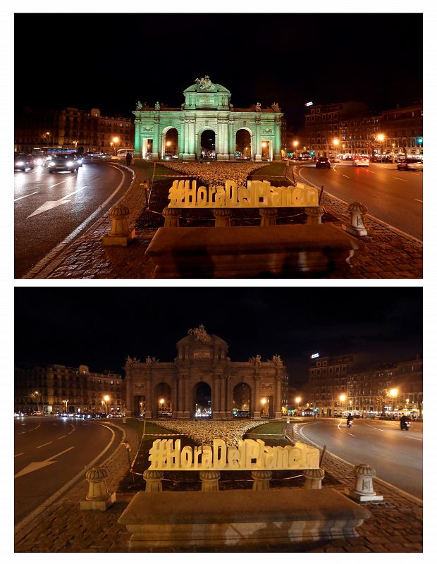 Vista de la Puerta de Alcalá de Madrid antes y después del apagón organizado con motivo de la Hora del Planeta