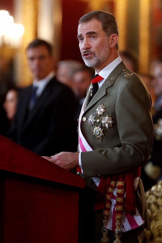 El rey durante el discurso que ha pronunciado con motivo de la celebración de la Pascua Militar en el Palacio Real