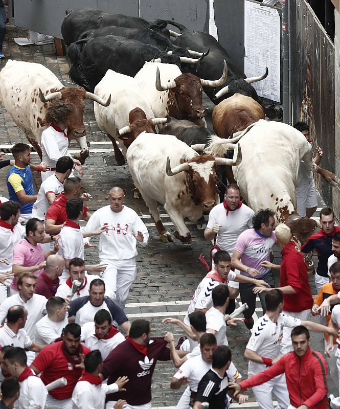 Los toros de la ganadería salmantina de Puerto de San Lorenzo protagonizan el primero de los encierros de estos Sanfermines 2019.