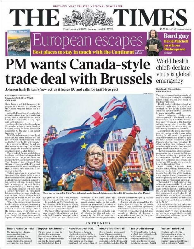 El periódico británico The Times destaca en su portada el Brexit y asegura que el primer ministro de Reino Unido, Boris Johnson. quiere un tratado "al estilo de Canadá" con Bruselas