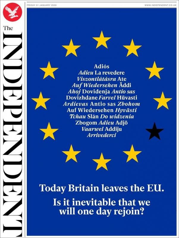 El periódico 'The independant' dedica su portada de este viernes al Brexit y dice adiós a todos los países de la Unión Europea en sus idiomas oficiales. Además, se pregunta si "es inevitable" que algún día el Reino Unido vuelva a unirse a la UE.