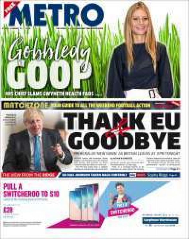 La portada del diario 'Metro' agradece a la Unión Europea y le dice "adiós". Destaca, además, el discurso del primer ministro británico Boris Jonhson en el que señala que el Brexit es un punto de no retorno.