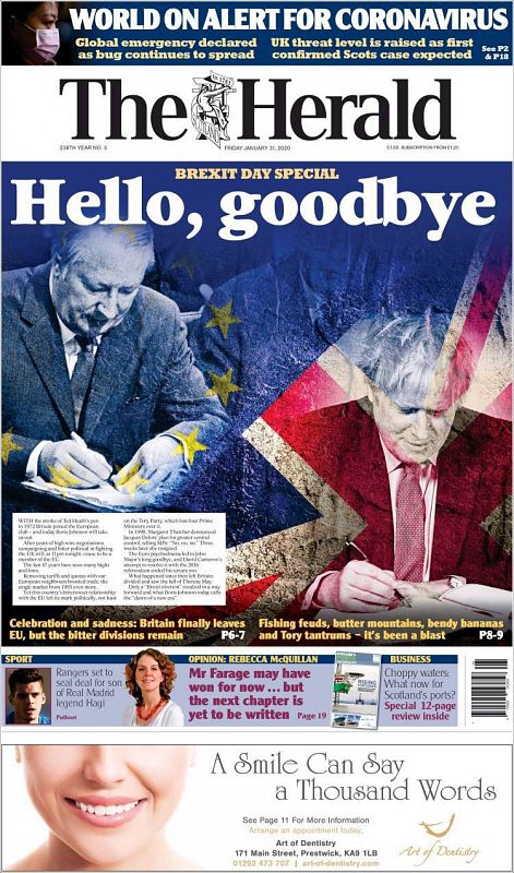 El periódico británico 'The Herald' abre su portada con un especial por el 'día del Brexit' y lo titula "Hola, adiós". En la imagen puede verse al primer ministro Ted Heath en el momento de la entrada de Reino Unido a la Unión Europea, y al actual pr